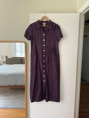 Vintage Plum 100% Linen Button Up Midi Dress